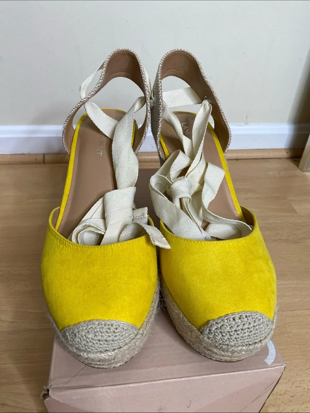 Lane Bryant Yellow Suede Espadrille Wedge Sandals with Cream Wraps